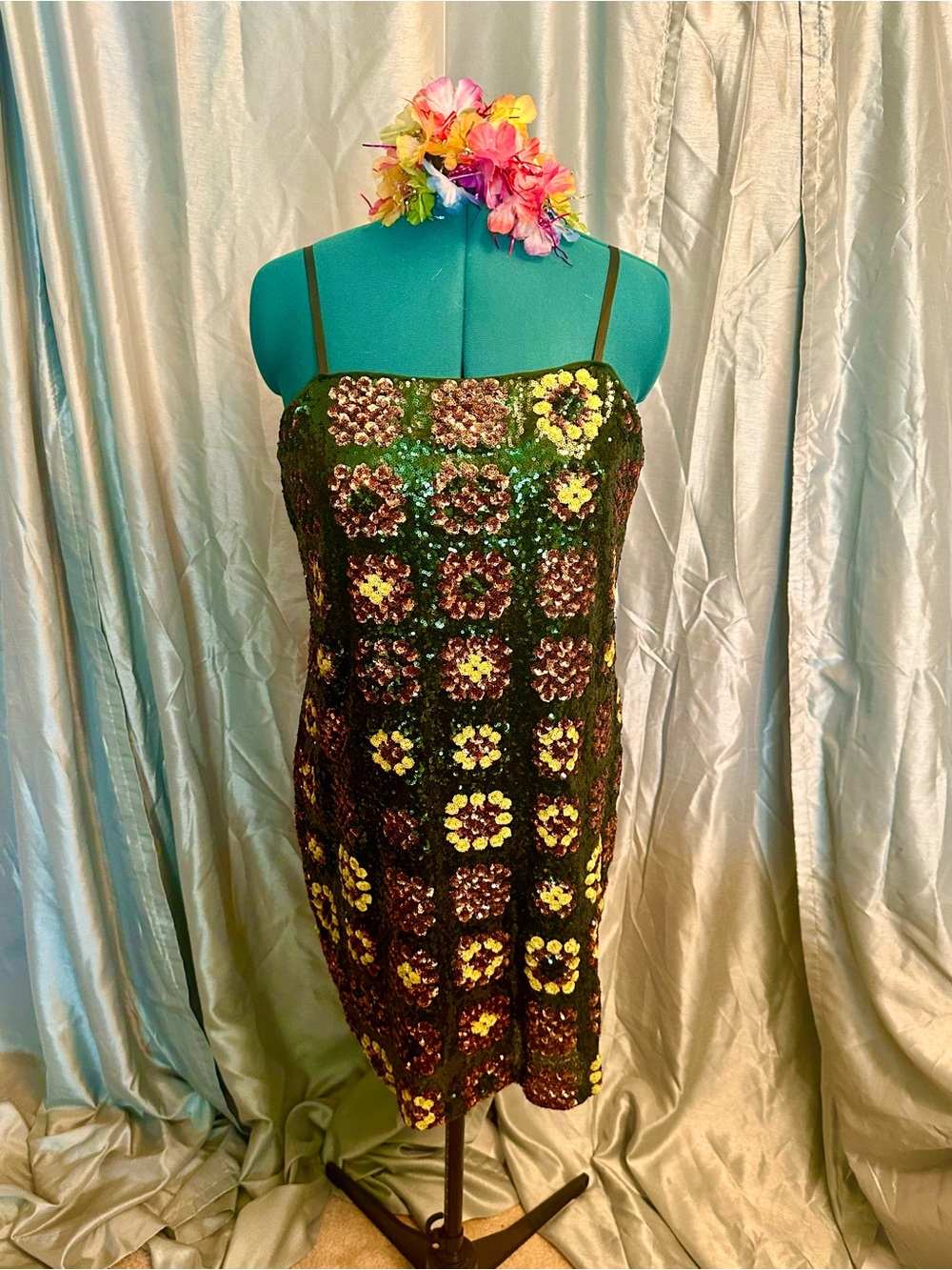 Johnny Was Sequined “granny square” Floral Grid Slip Dress XL NWT